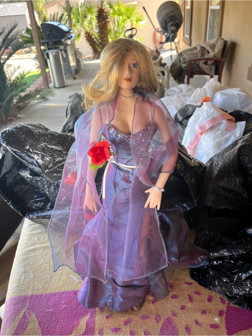 Lavender Purple Evening Gown Doll with Sheer Cape and Red Rose